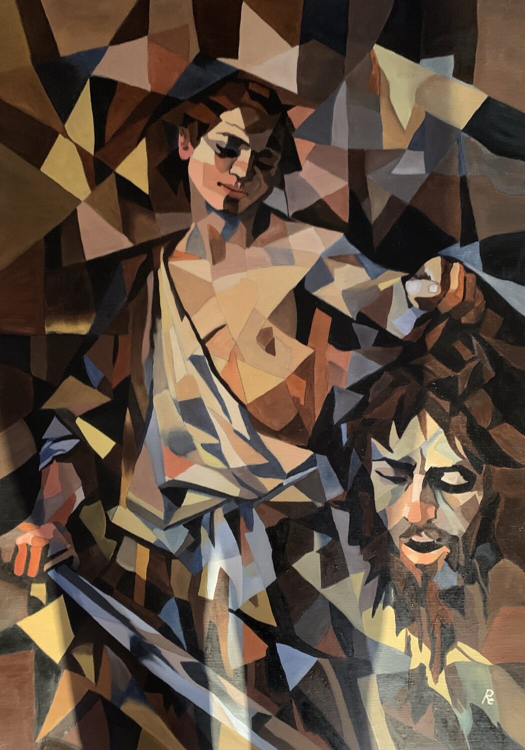 DAVIDE E GOLIA (CARAVAGGIO) in chiave cubista Roberto Re Original painting for sale