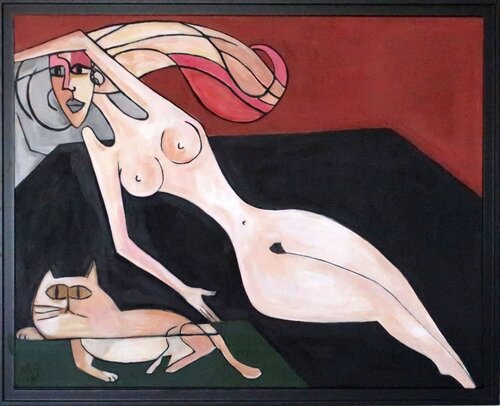 Nu au chat by Richard Boigeol, Painting for Sale on Select