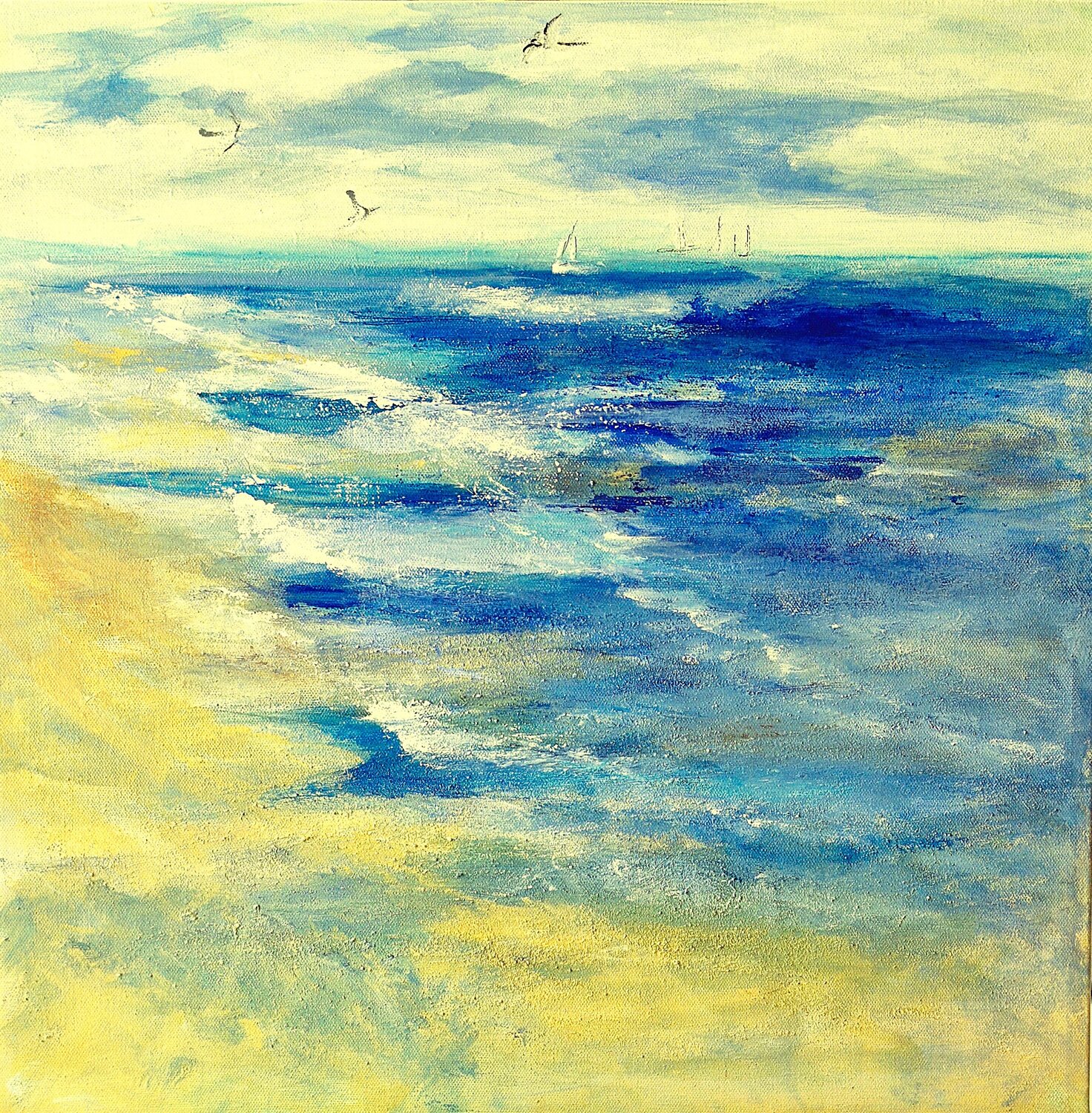 'Seabirds Over Rough Sea' Aase Lind Original painting for sale