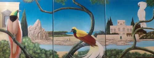 Piccolo trittico degli uccelli del paradiso e del cacatua by Cecco Mariniello, Painting for Sale on Select