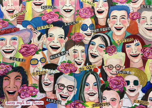 Happy people love flowers by María Burgaz, Painting for Sale on Select