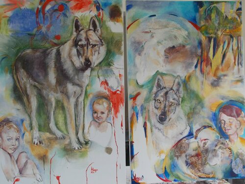 " The wolf ", Diptychon, 1," When I married on the Campedoglio in a red dress"2. " Little red Riding Hood" by Anette Vargas, Painting for Sale on Select