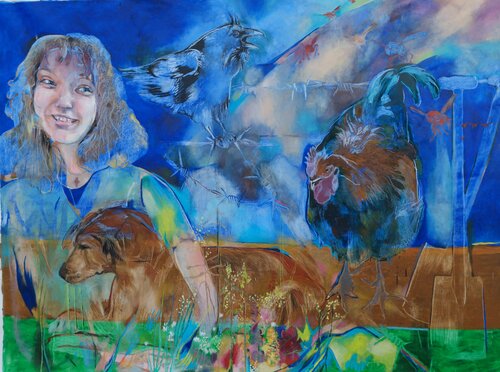 War but in whose interest, Girl on a farm with animals and rainbow by Anette Vargas, Painting for Sale on Select