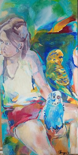 Girl with birds by Anette Vargas, Painting for Sale on Select