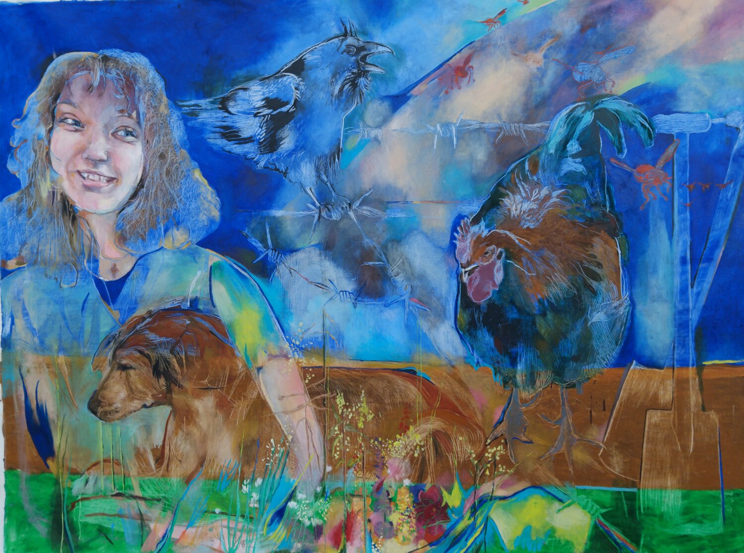 War but in whose interest, Girl on a farm with animals and rainbow Anette Vargas Original painting for sale