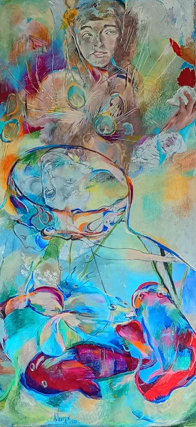 Eileen Gray:" Do you think it is cruel to keep my mermaids in a goldfish bowl? " Anette Vargas Original painting for sale