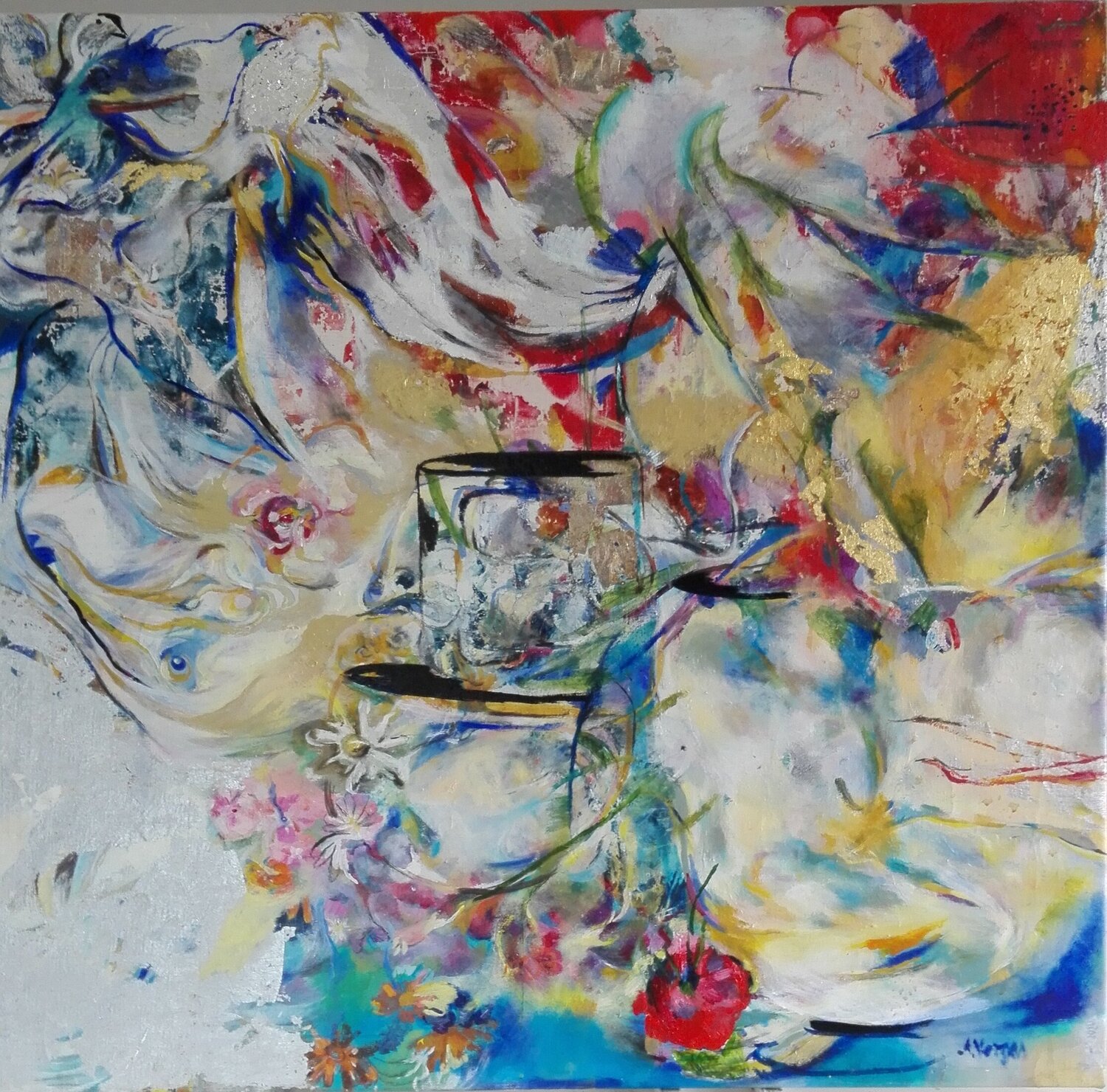 Still life with  vases and flowers Anette Vargas Original painting for sale