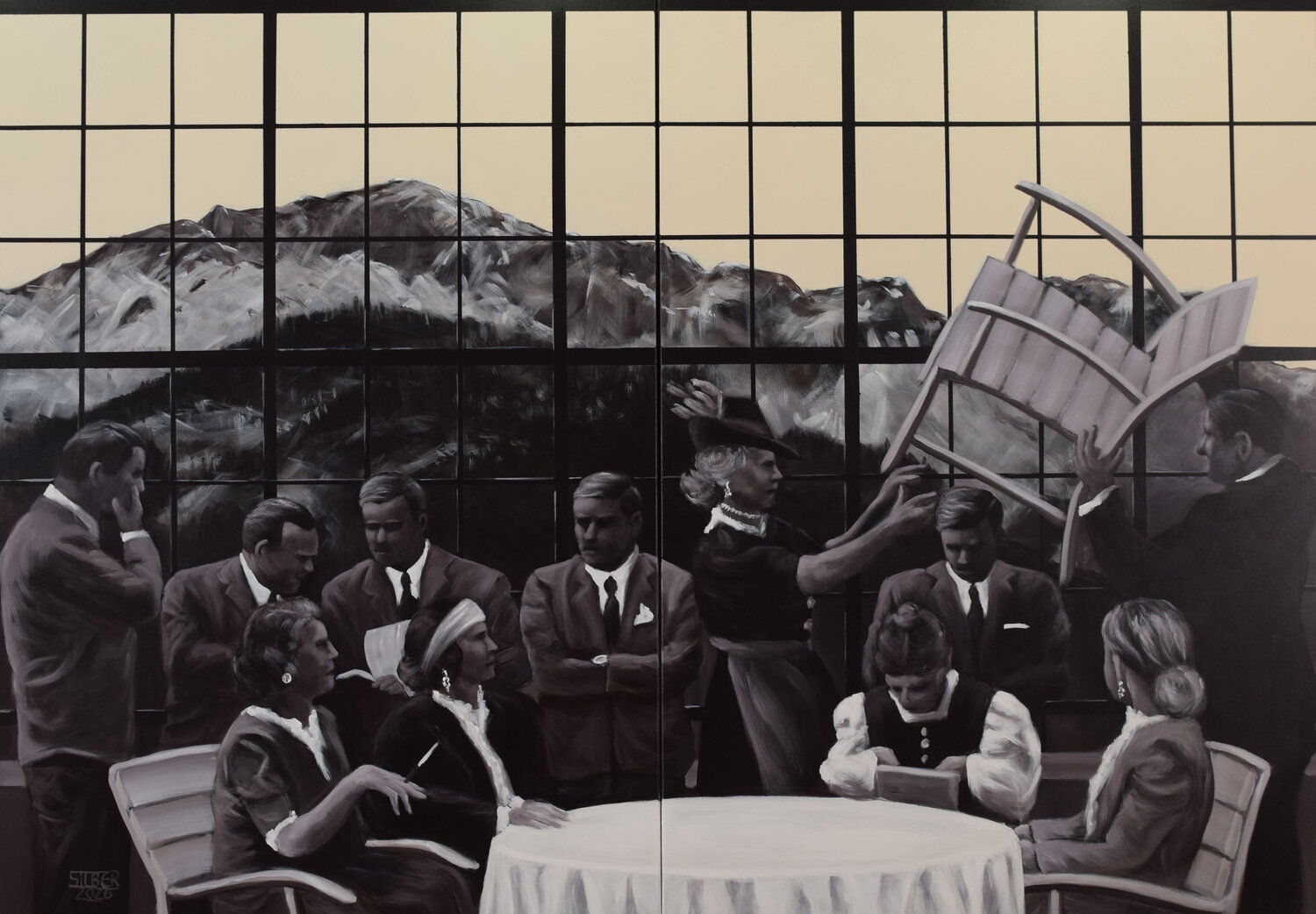 Tischgesellschaft vor großem Fenster Prof. Gerhard Silber Original painting for sale