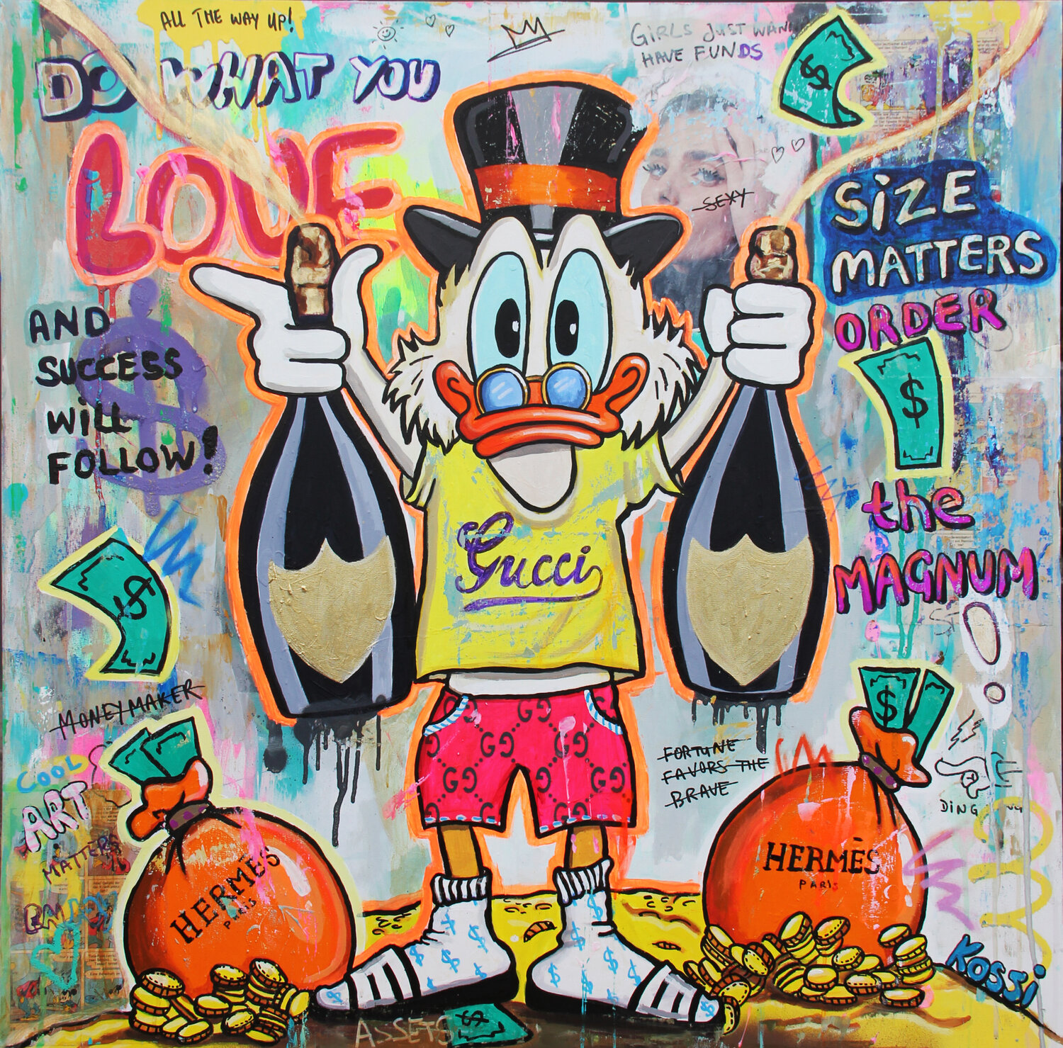 Scrooge McDuck Magnums and Money Bags Kristin Kossi Original painting for sale