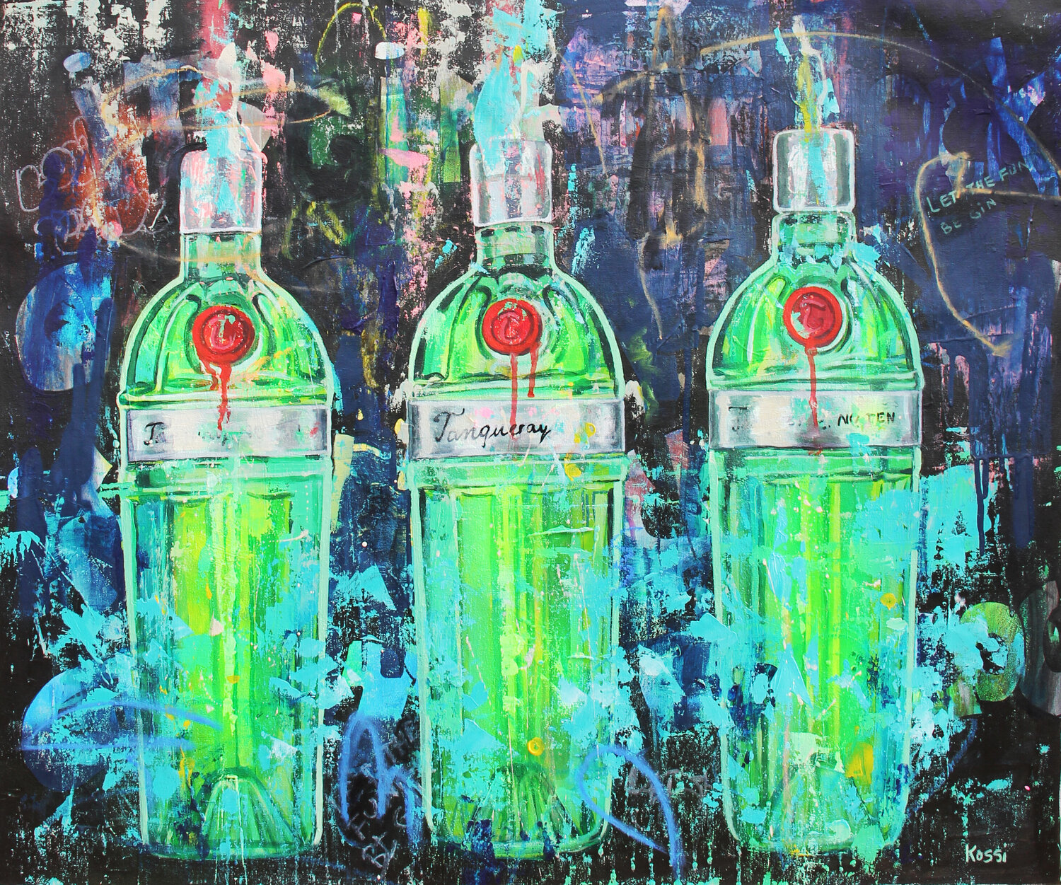 Three Tanqueray Bottles No 10 Kristin Kossi Original painting for sale