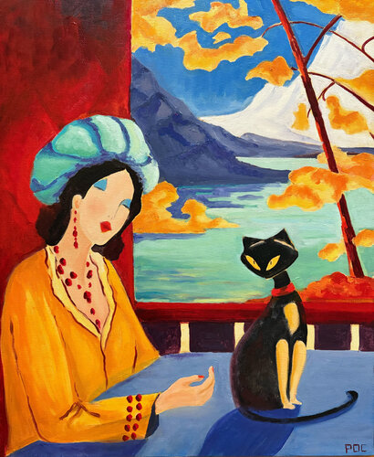 La Dame et le chat by Odile Pinto-Corbin, Painting for Sale on Select