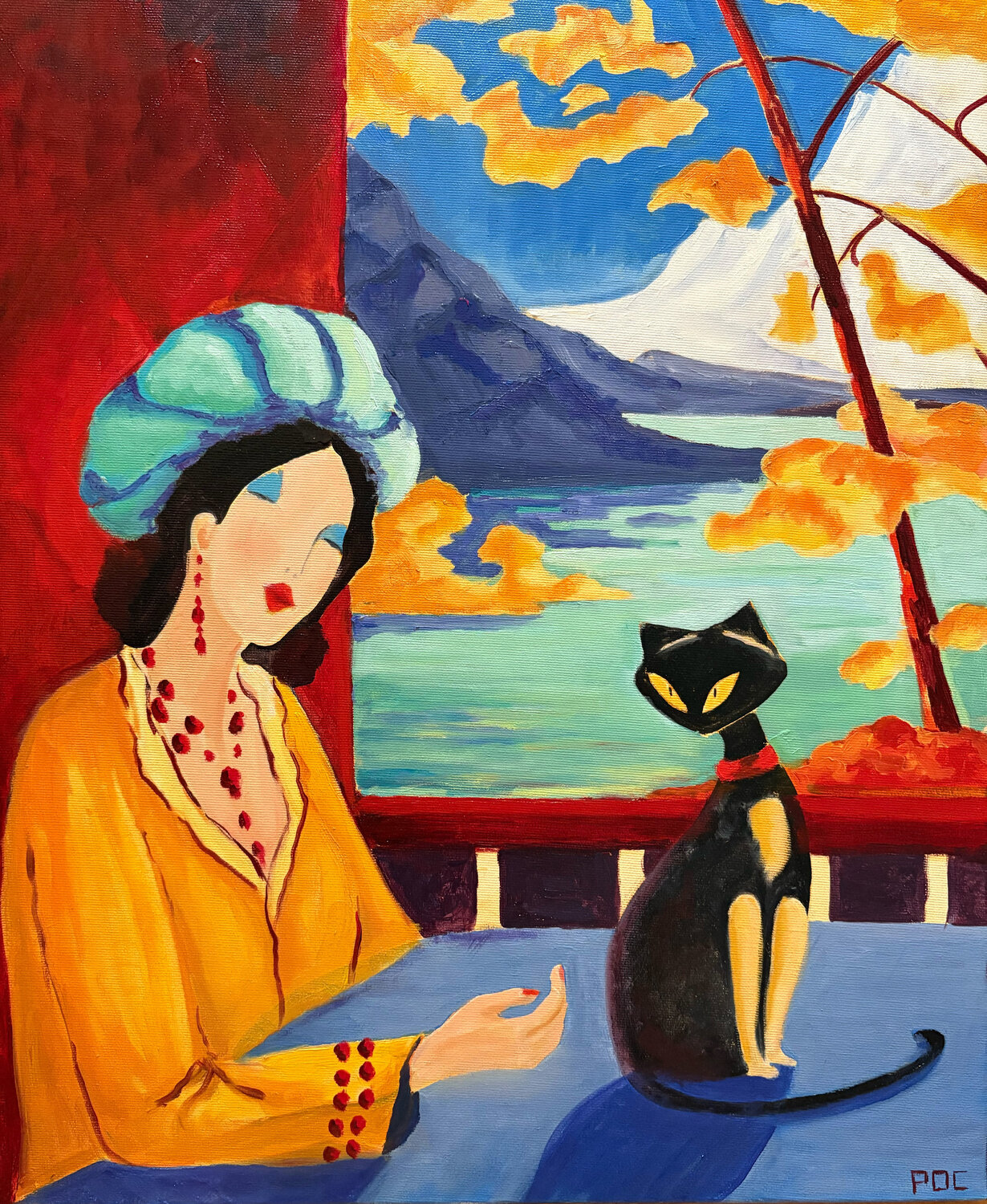 La Dame et le chat Odile Pinto-Corbin Original painting for sale