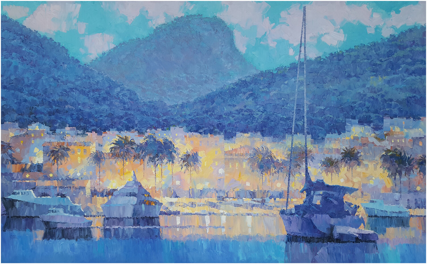 Puerto de Andratx at night. Mallorca Alex Hook Krioutchkov Original painting for sale