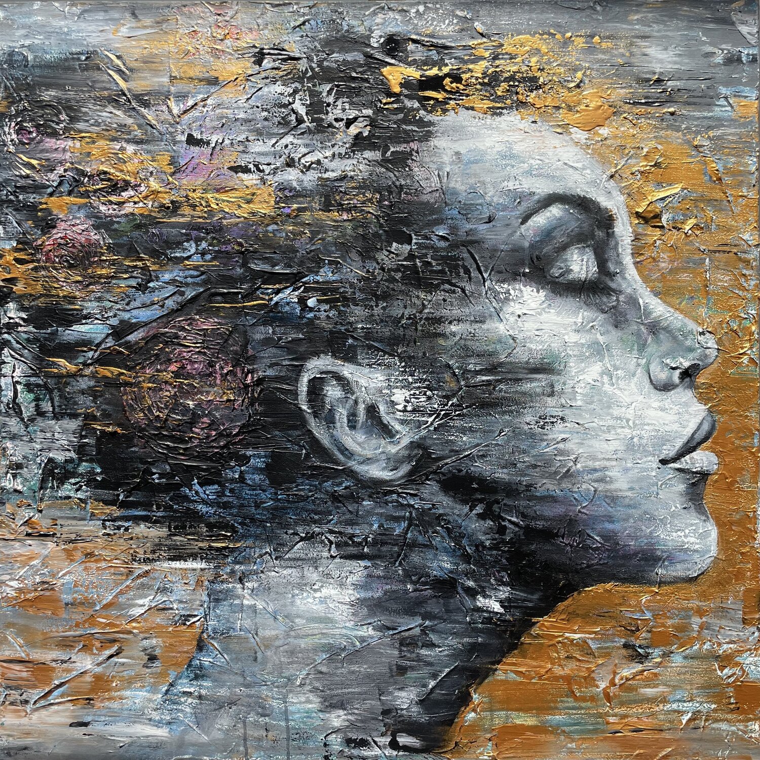 GOLDEN HOUR   woman abstract portrait with golden metallics Ilona Hendriks Original painting for sale