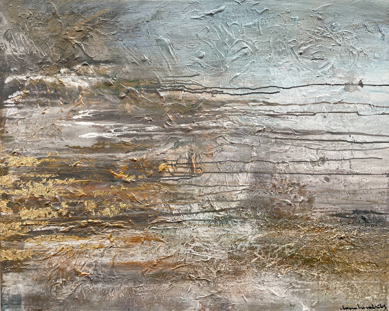 LIKE THE SHORELIGHTS OF HE SEA ( horizon) with gold flakes Ilona Hendriks Original painting for sale