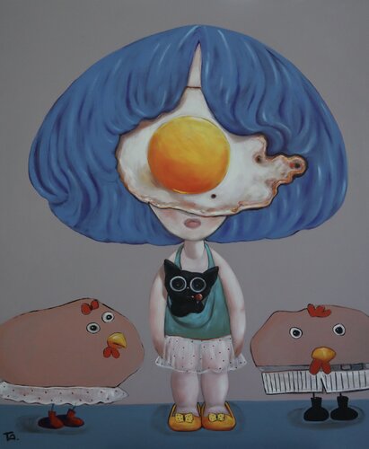 Egg girl with friends by Ta Byrne, Painting for Sale on Select