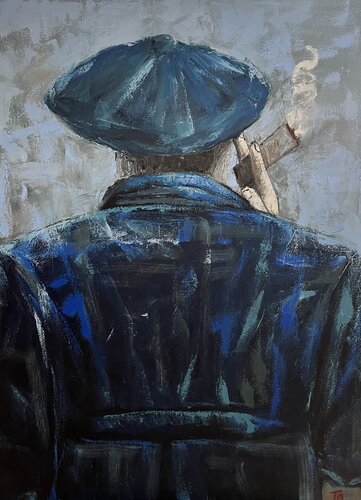 Man in blue smoking a cigar by Ta Byrne, Painting for Sale on Select
