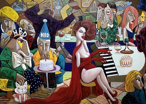 Lady in Red singing Happy Birthday by Ta Byrne, Painting for Sale on Select