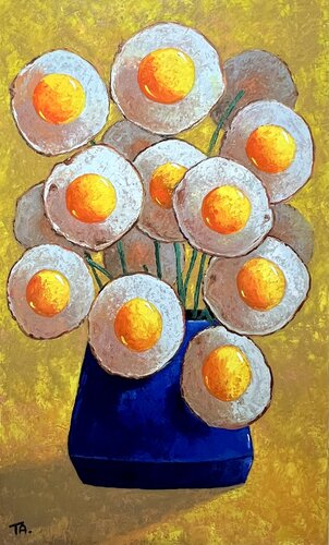 Egg flowers in blue vase by Ta Byrne, Painting for Sale on Select