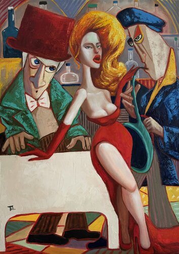 Red dress, Green eyes by Ta Byrne, Painting for Sale on Select