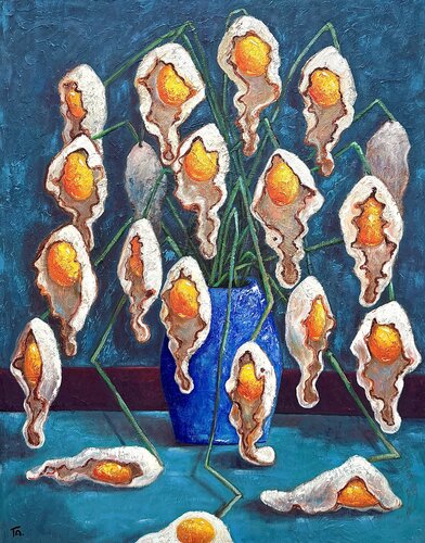 Egg flowers in a blue vase von Ta Byrne, Malerei kaufen auf Select