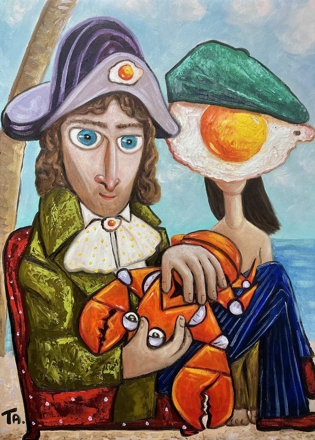 Captain Thomas, Sabo and a bright orange Crab Ta Byrne Original painting for sale
