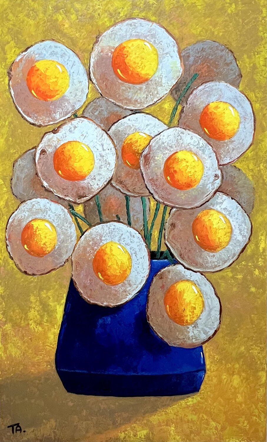 Egg flowers in blue vase Ta Byrne Original painting for sale