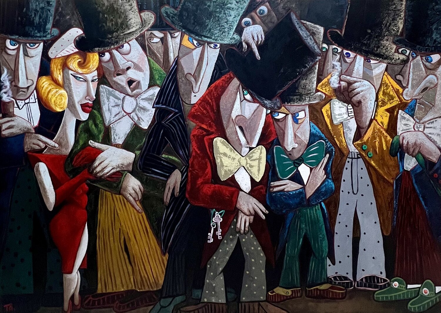 Conspirators and a lady in red Ta Byrne Original painting for sale
