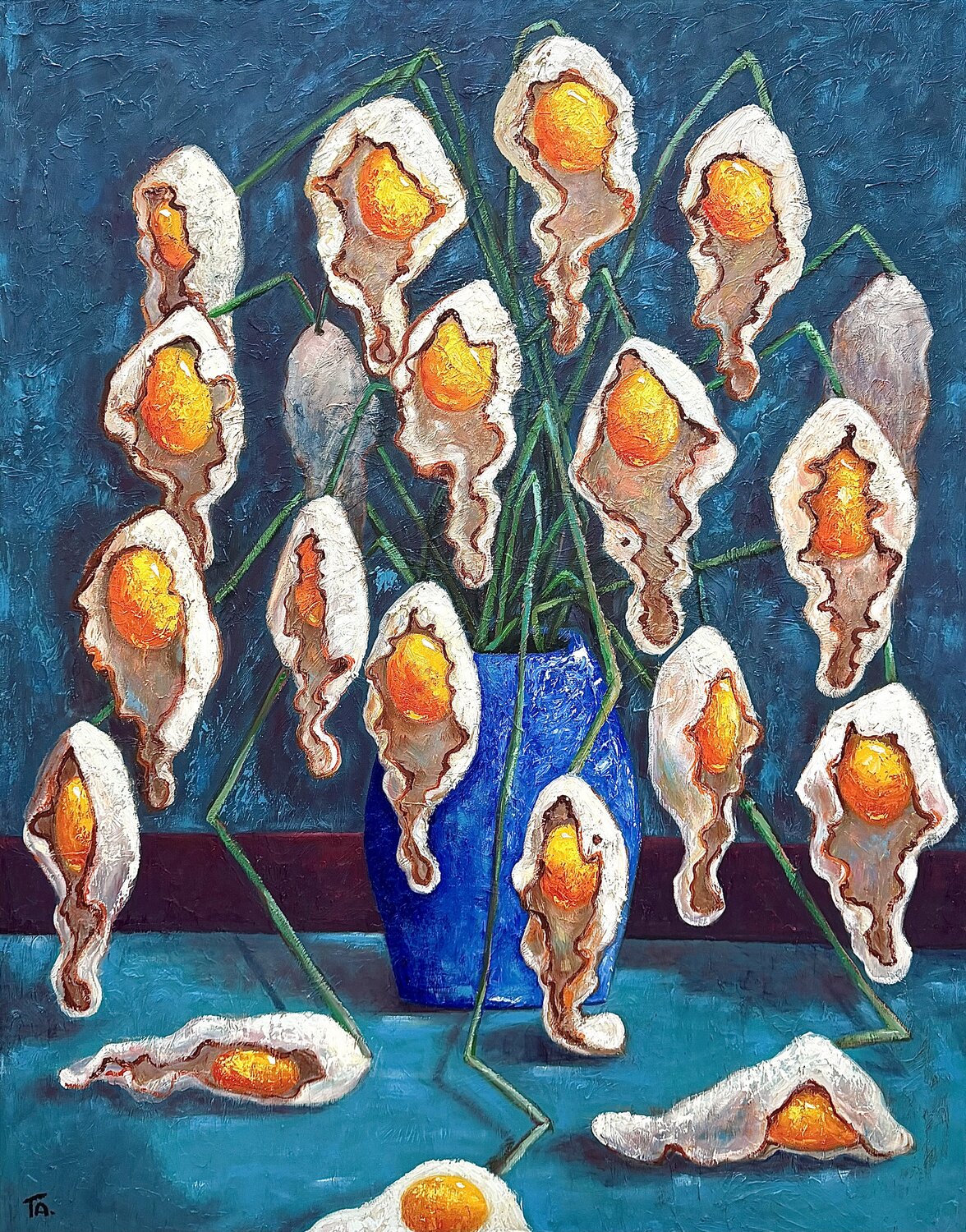 Egg flowers in a blue vase Ta Byrne Originalgemälde zu verkaufen