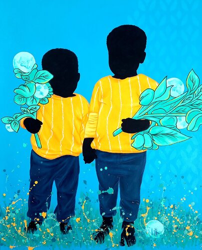2 Brothers in the garden by Aziseh Emmanuel, Painting for Sale on Select