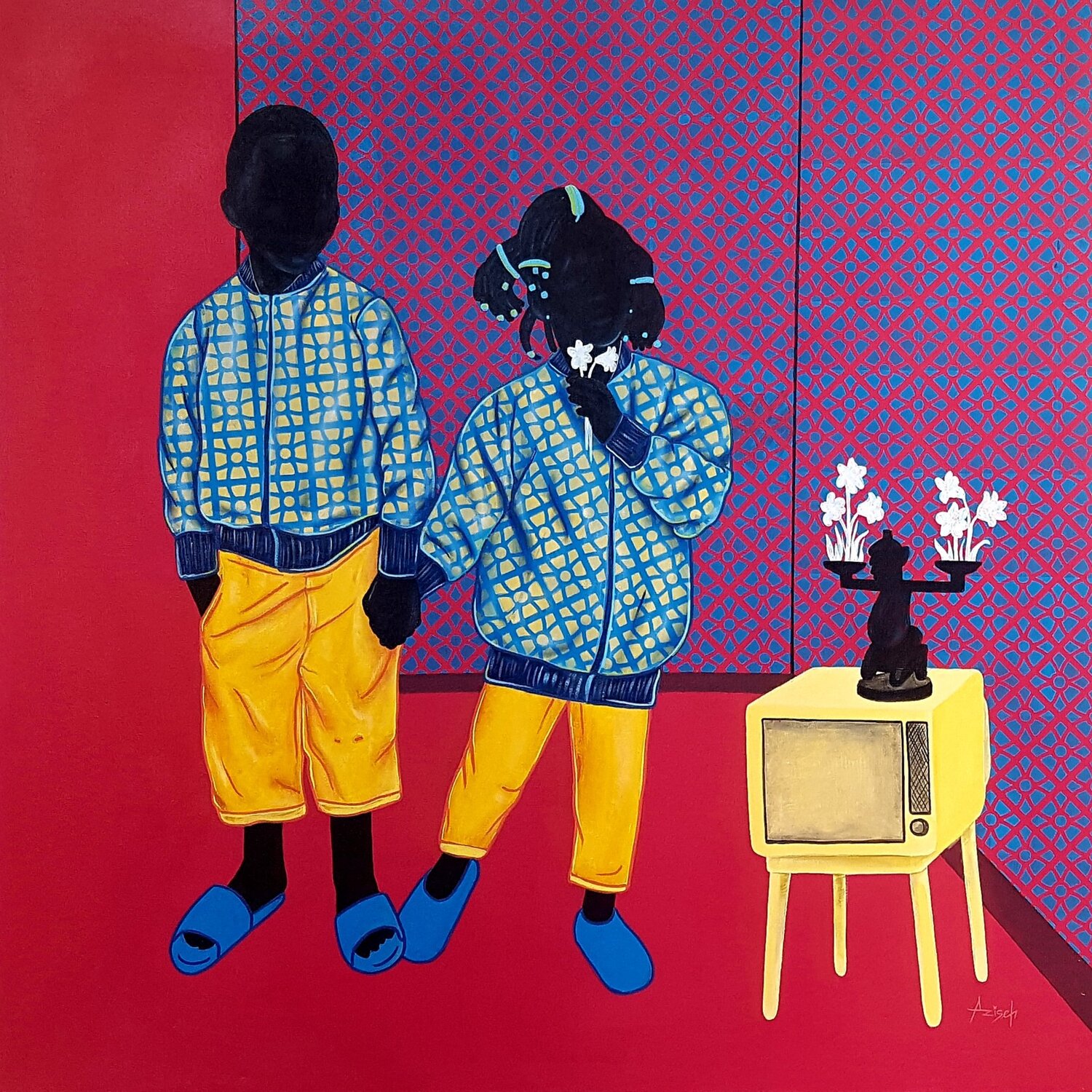 Bro and sis with television Aziseh Emmanuel Original painting for sale