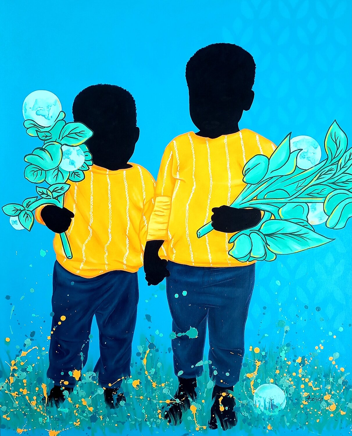 2 Brothers in the garden Aziseh Emmanuel Original painting for sale