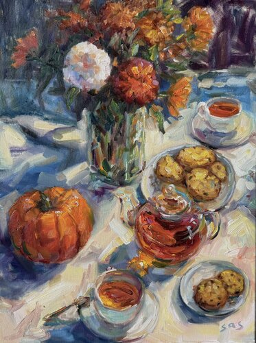 Still life with hot tea by Liubou Sas, Painting for Sale on Select