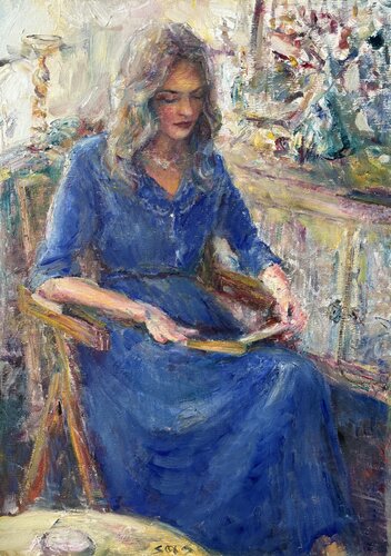 Woman in a blue dress by Liubou Sas, Painting for Sale on Select