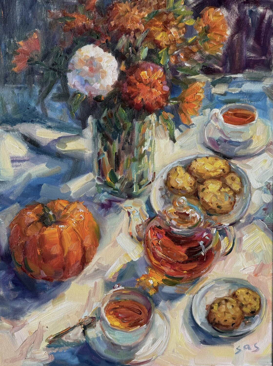 Still life with hot tea Liubou Sas Original painting for sale