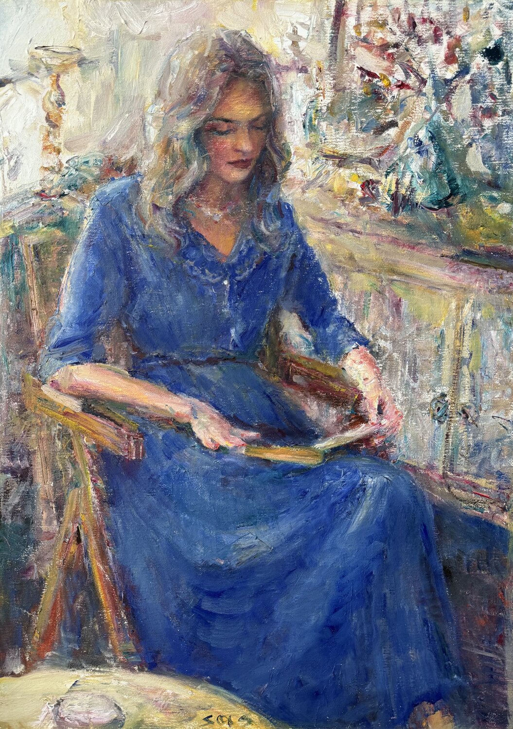 Woman in a blue dress Liubou Sas Original painting for sale