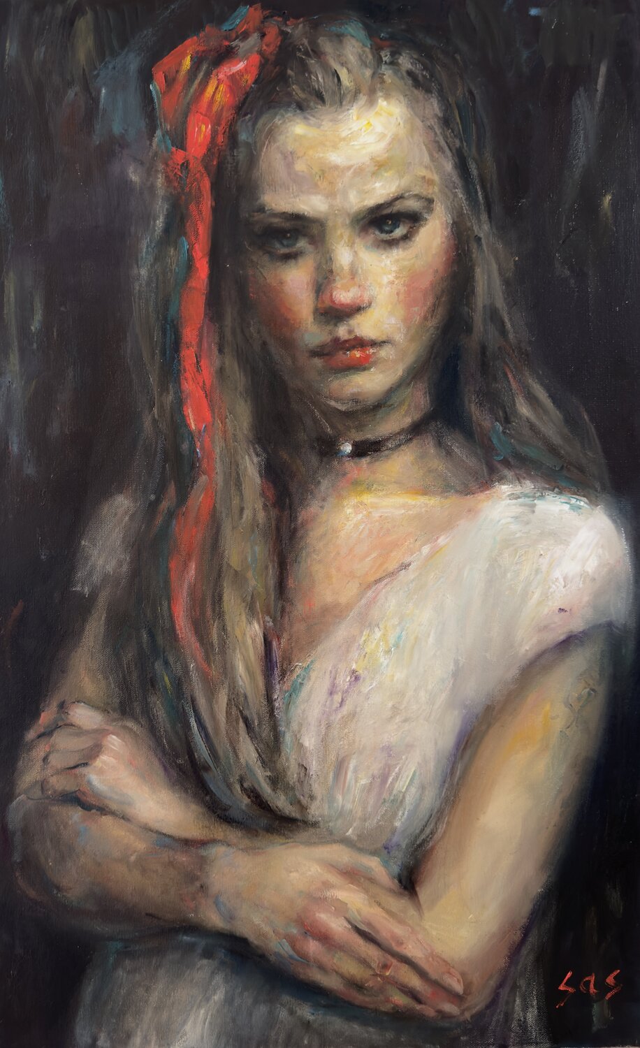 Girl with a red bow. After. Liubou Sas Original painting for sale