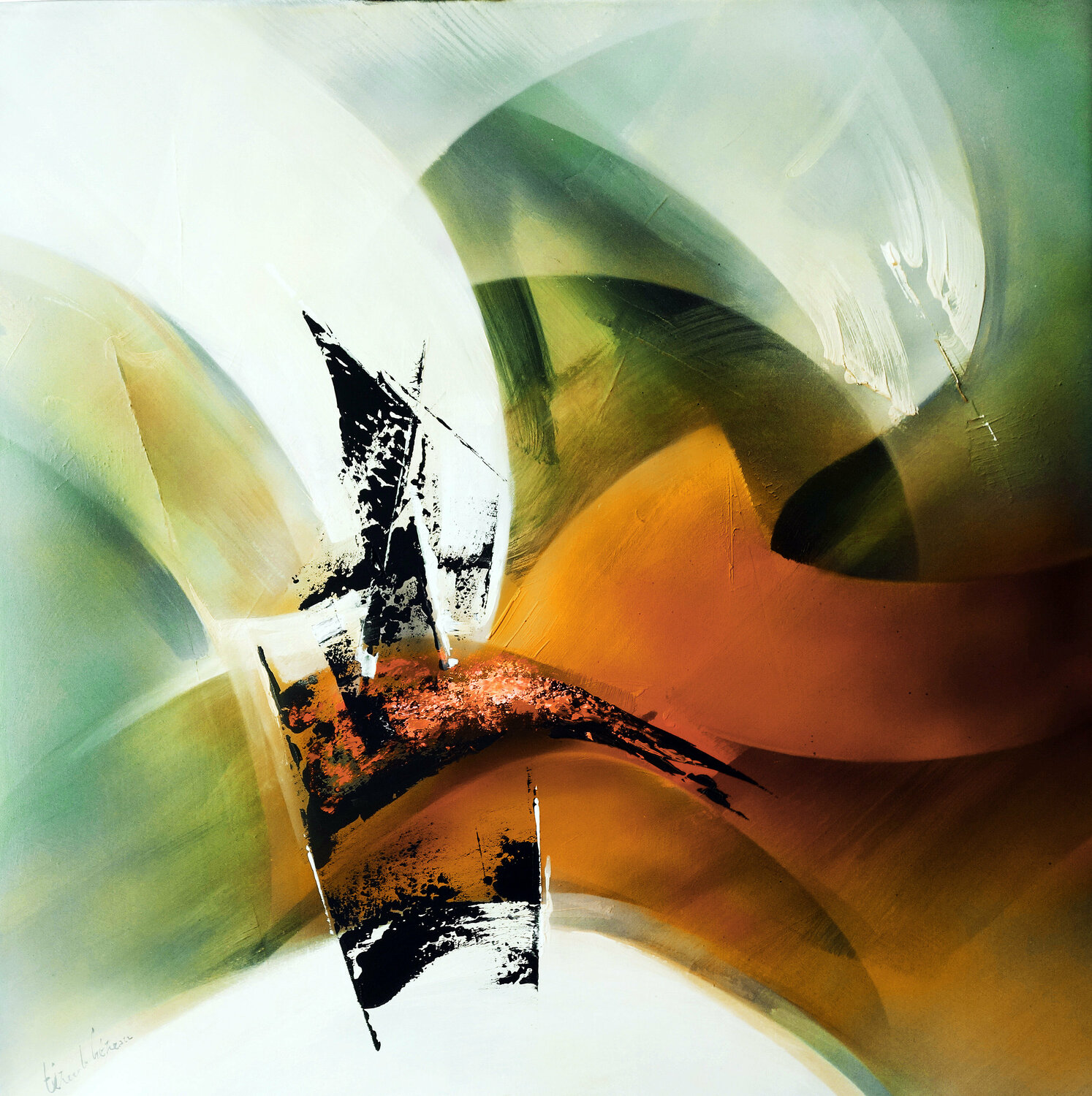 "Composition 695"   ( Abstraction lyrique contemporaine ) Alain Brunet "Tenurb-Géneau" Original painting for sale