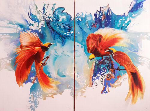 BIRDS-OF-PARADISE BY A WATERFALL (diptych) by Tatiana Rezvaya, Painting for Sale on Select