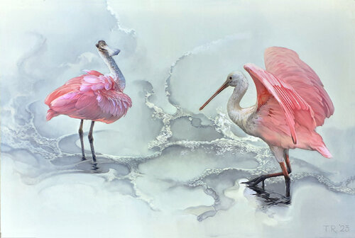 2 ROSEATE SPOONBILLS / "LA COQUETTE" by Tatiana Rezvaya, Painting for Sale on Select