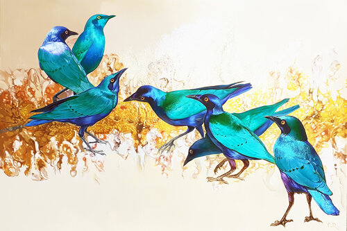 AT THE STREAM / GREATER BLUE-EARED STARLINGS by Tatiana Rezvaya, Painting for Sale on Select