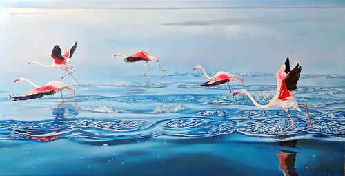 WING-SURFERS (PINK FLAMINGOES) by Tatiana Rezvaya, Painting for Sale on Select