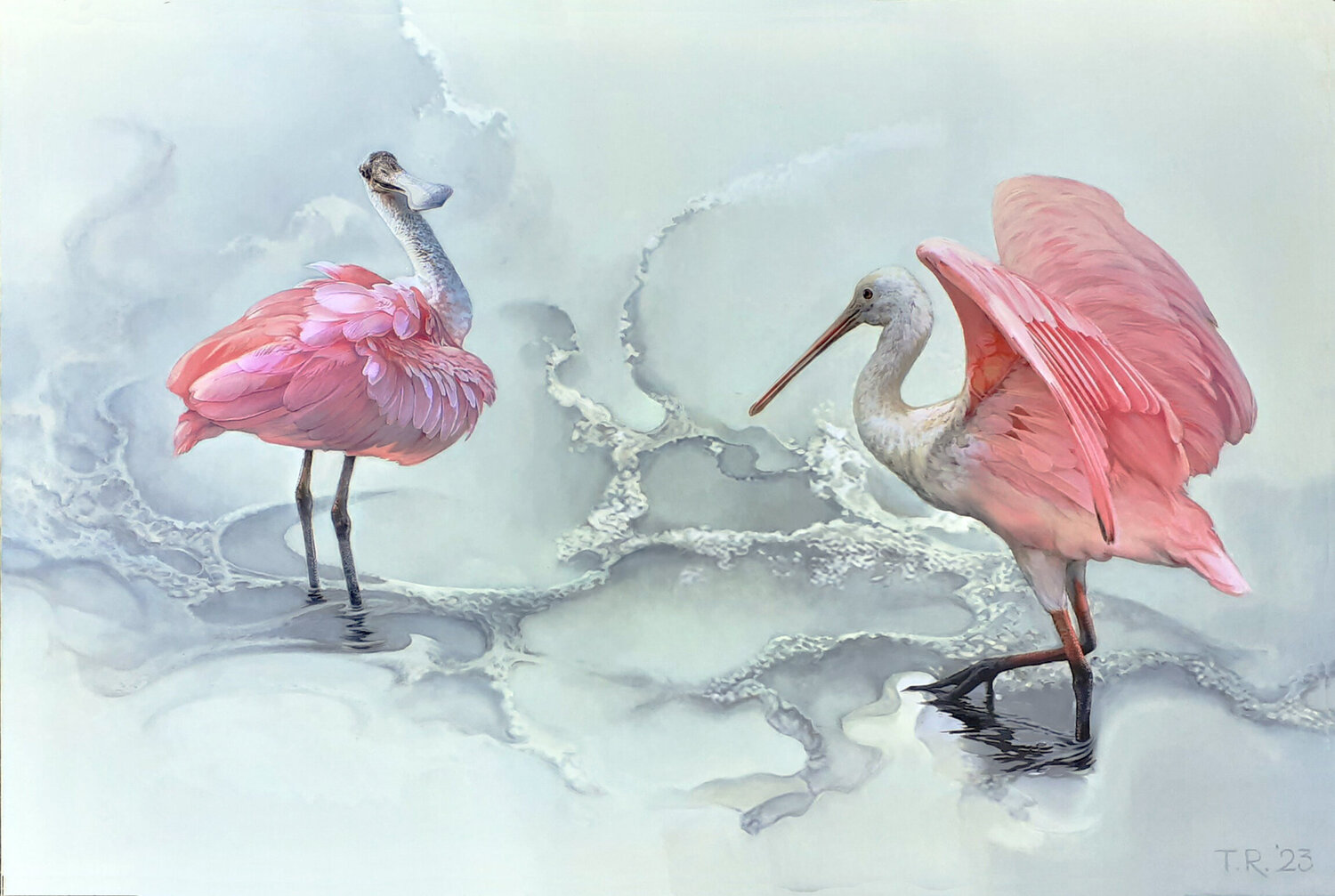 2 ROSEATE SPOONBILLS / "LA COQUETTE" Tatiana Rezvaya Original painting for sale