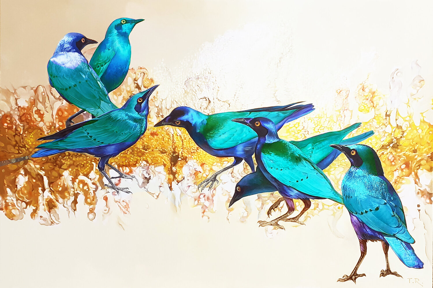 AT THE STREAM / GREATER BLUE-EARED STARLINGS Tatiana Rezvaya Original painting for sale