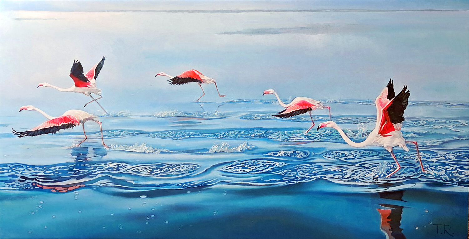 WING-SURFERS (PINK FLAMINGOES) Tatiana Rezvaya Original painting for sale