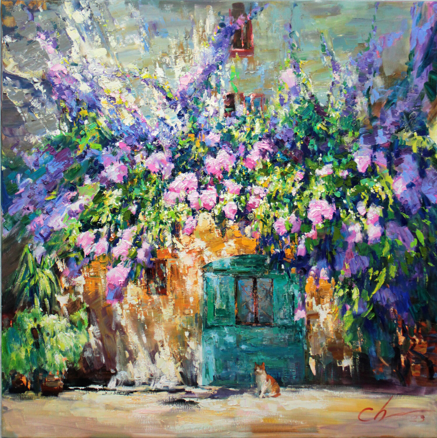 Blooming street Greece Sergei Chernyakovsky Original painting for sale