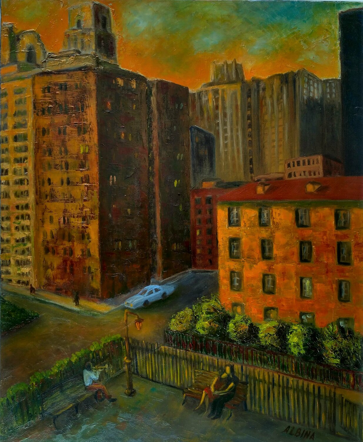 A la lumière du réverbère Albina Urbanek Original painting for sale