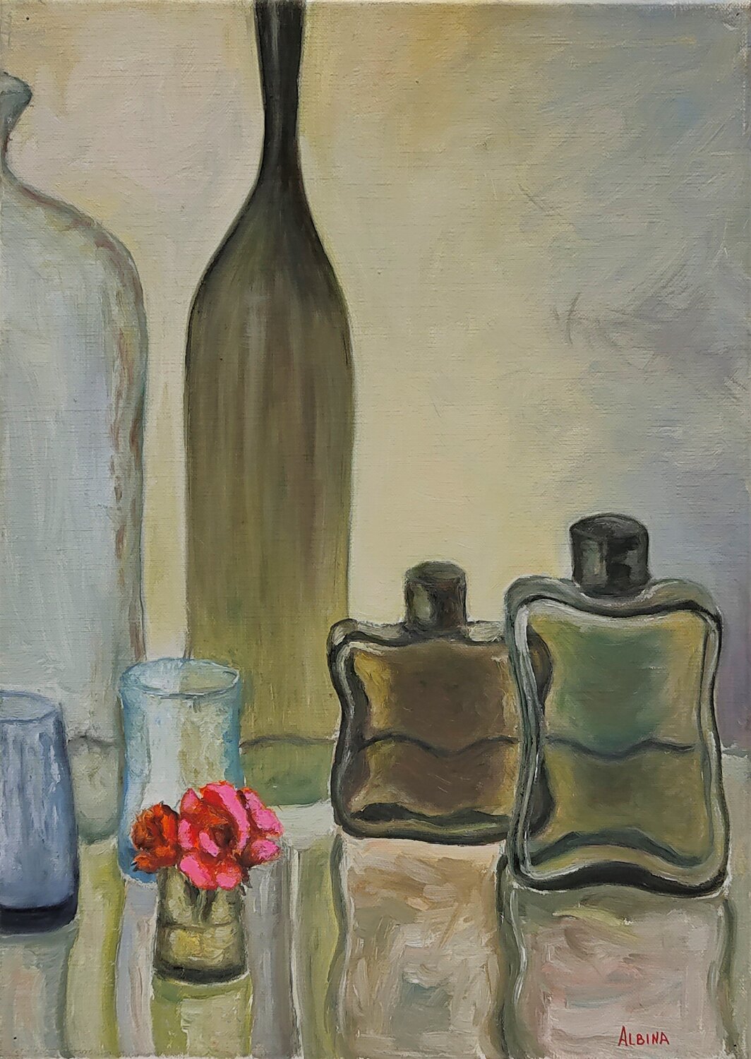 Nature morte au bouteille d'eau de Cologne Albina Urbanek Original painting for sale