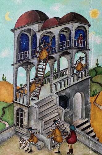 DOMÈ E IL BELVEDERE DEI MONDI PARALLELI by Enrica Toffoli, Painting for Sale on Select