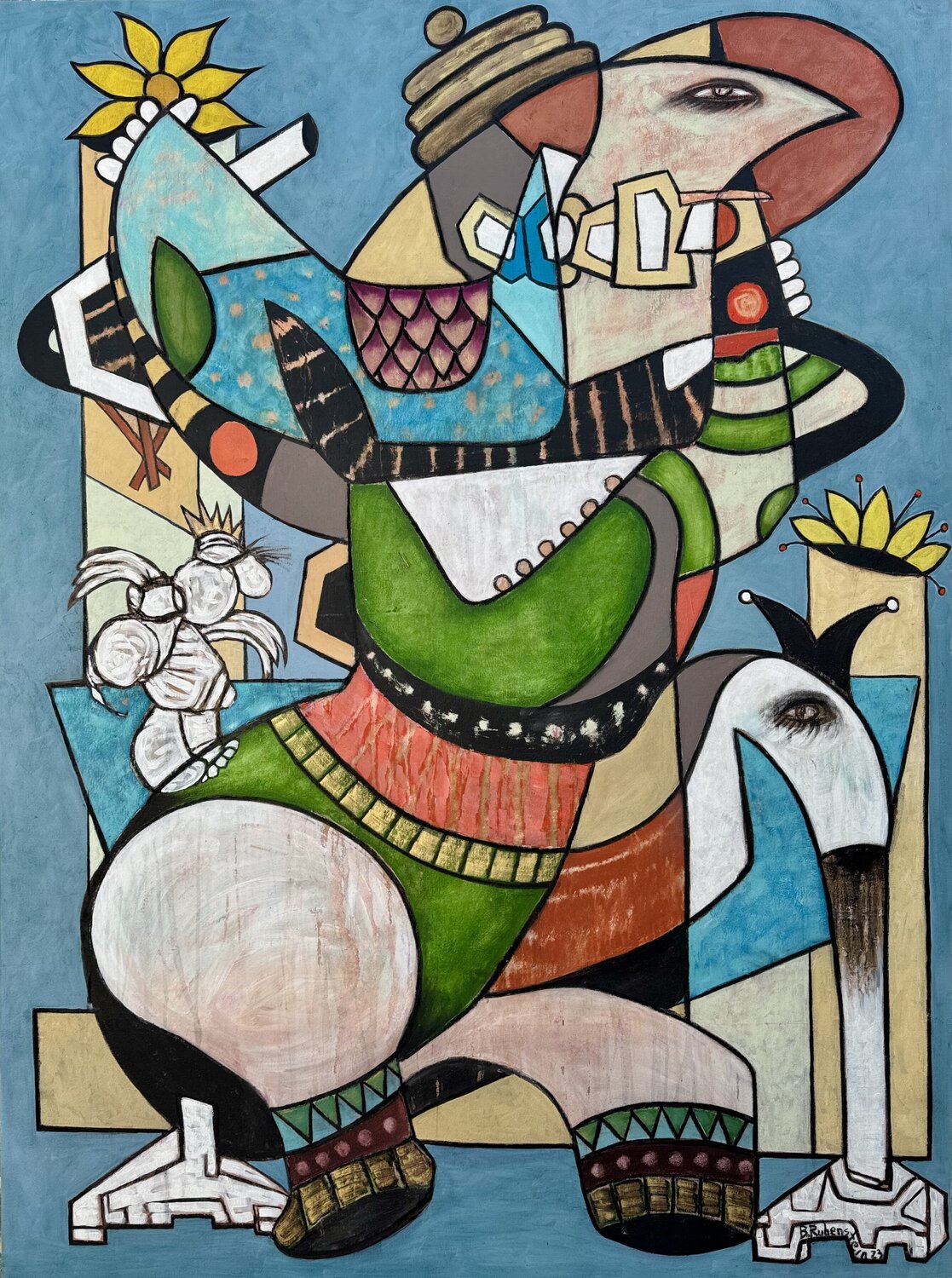 Big Bird with Dancing King Bruce Rubenstein Original painting for sale